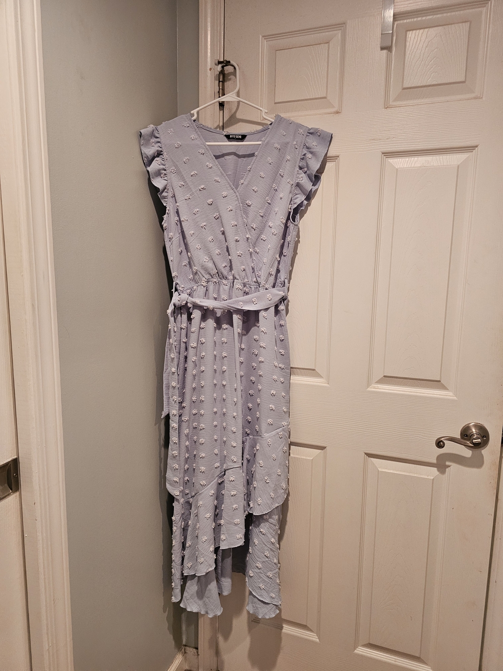 BTFBM Light Blue Textured Wrap Dress with Ruffle Sleeves